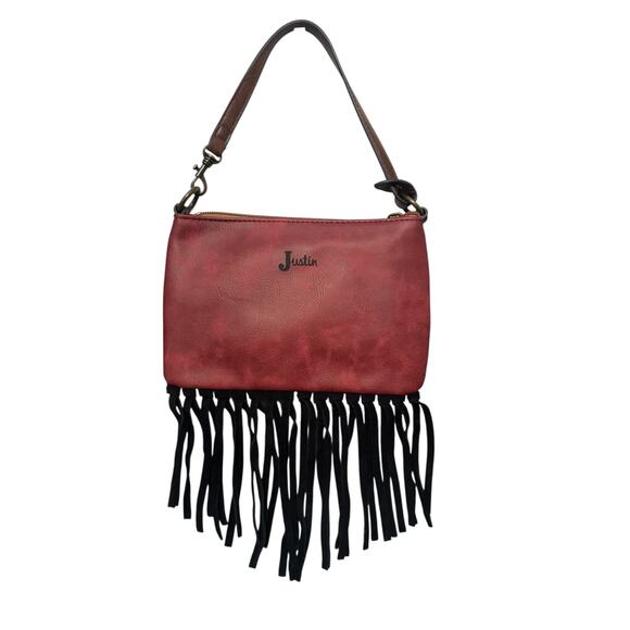 NWT! Justin Cheetah Red Western Fringe Convertible Mini Shoulder Wristlet Bag - Picture 2 of 6